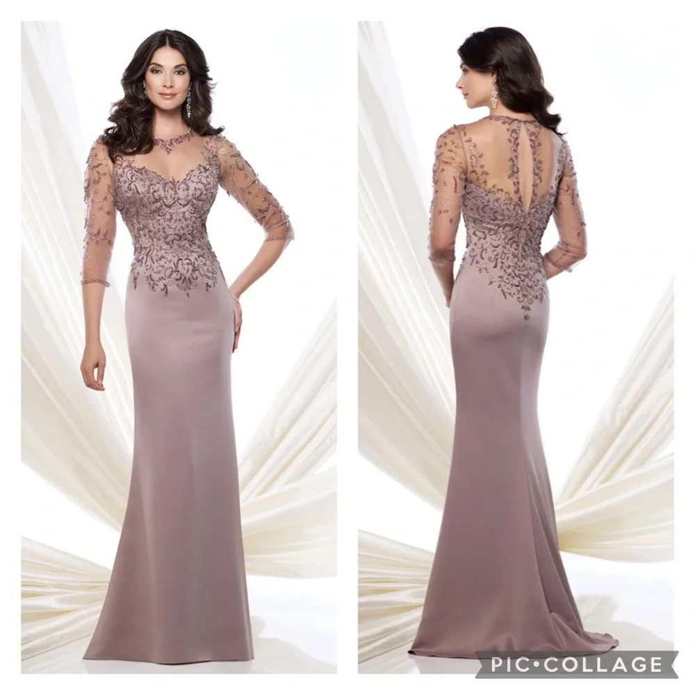 Montage by MonCheri 3/4 sleeves illusion hand beaded bodice gown - Picture 1 of 15